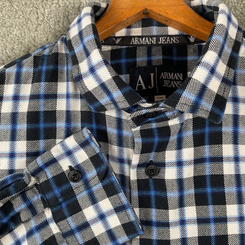 Armani Jeans Plaid Button Down Shirt Mens Large Blue Black White Long Sleeve